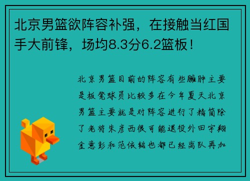北京男篮欲阵容补强，在接触当红国手大前锋，场均8.3分6.2篮板！
